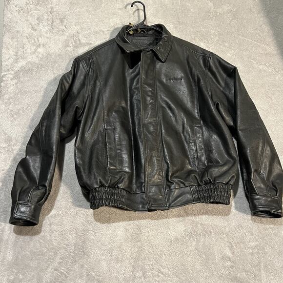 Netjets Leather Jacket Mens XL Black Full Zip Bomber Aviator Flight Travel Coat - Picture 1 of 14